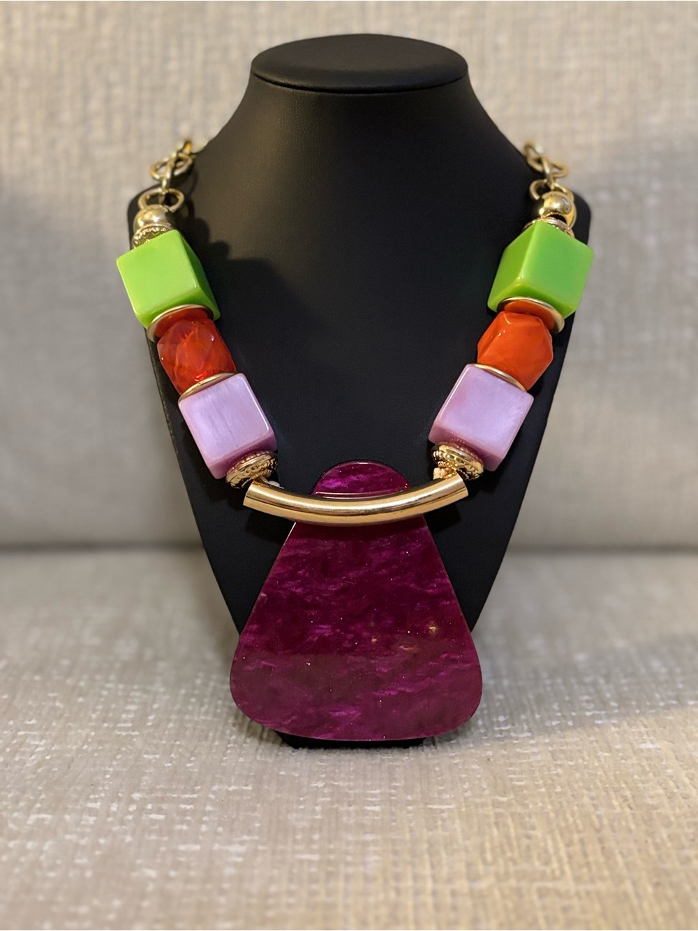Statement Multicolor Pendant Necklace Set - Green, Red, Purple, Cranberry Red